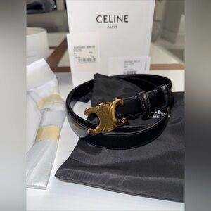 Celine Medium 25MM Triomphe Belt Black Leather Gold Buckle Sz 85 Box Tags Pouch